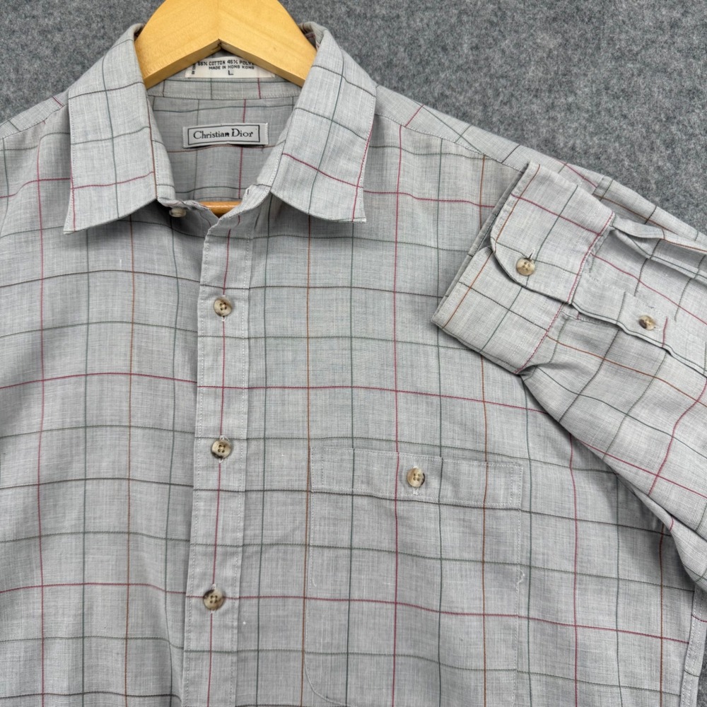 Christian Dior Shirt Mens L Grey Plaid Windowpane Button Down Long Sleeve